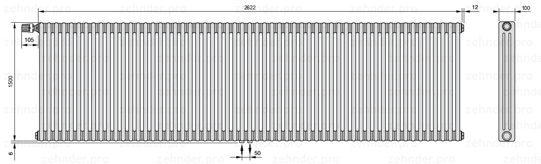 Схема (чертеж) Радиатор Zehnder Charleston 3150/57 №V007 Белый глянцевый RAL 9016